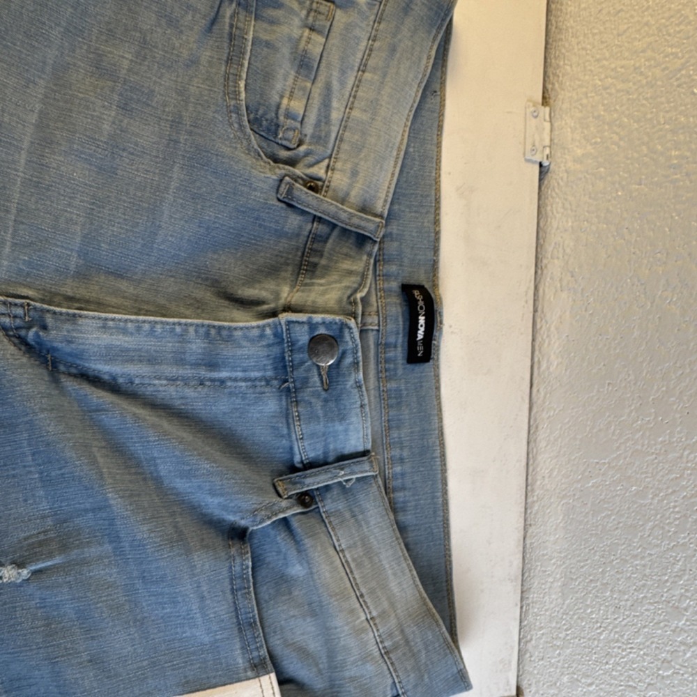 Fashion Nova Men Light Blue Distressed Side Stripe Tapered Jeans 36x30